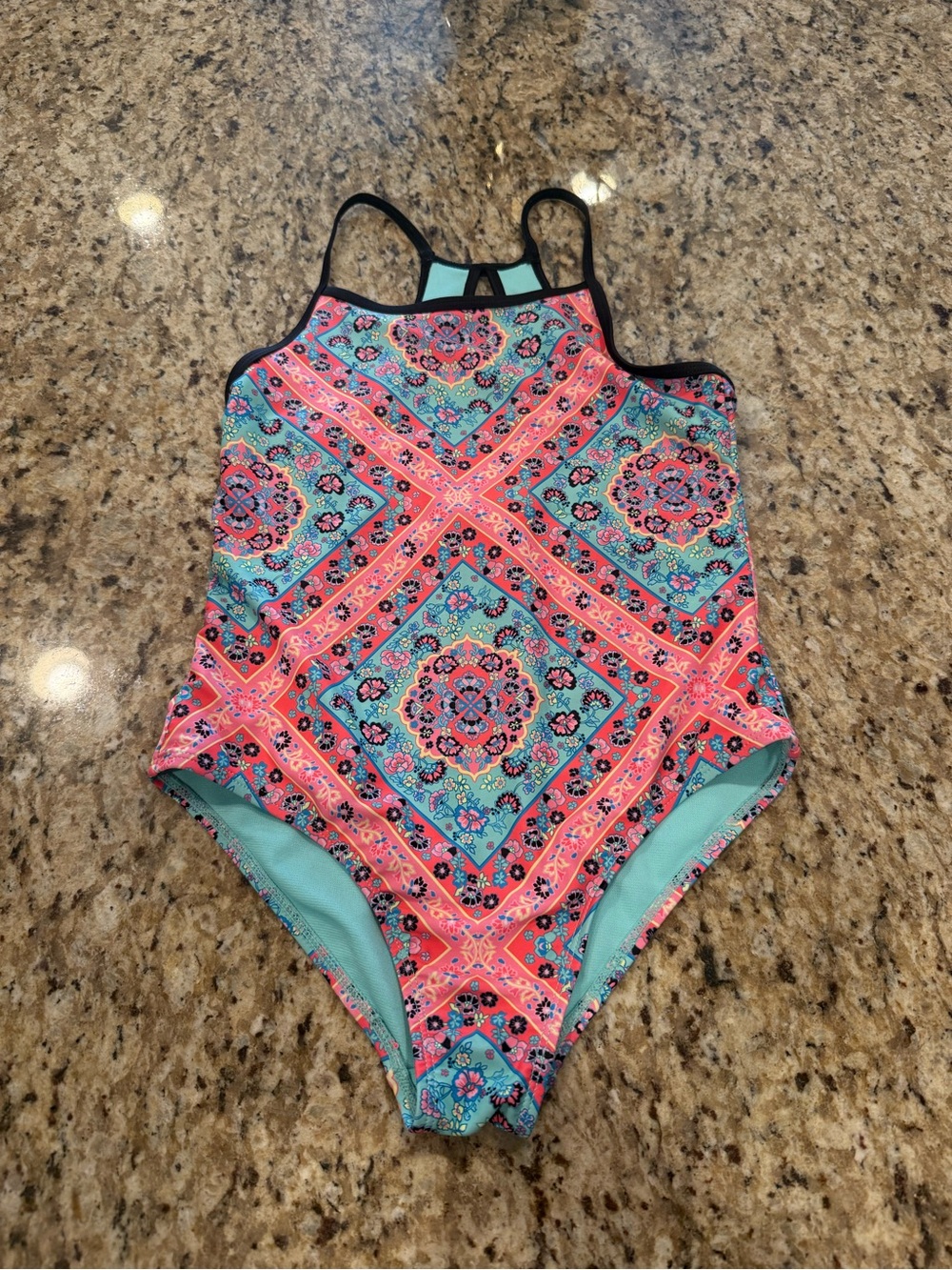 wonder nation Girls' Coral Pink & Teal One-Piece Swimsuit
